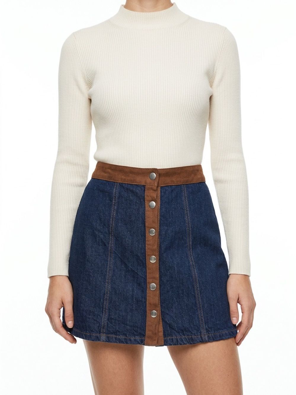 INDIGO REIN | Denim Button Front Mini Skirt Faux Suede Trim Women’s Size Medium